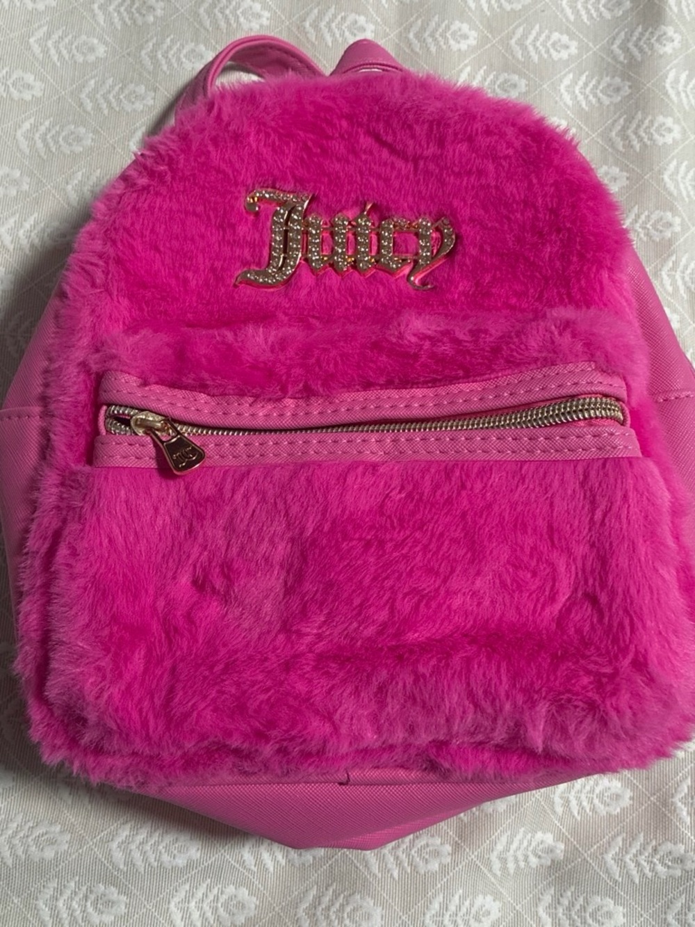 Juicy Couture Bright Pink Faux Fur Kids Backpack with Gold Logo